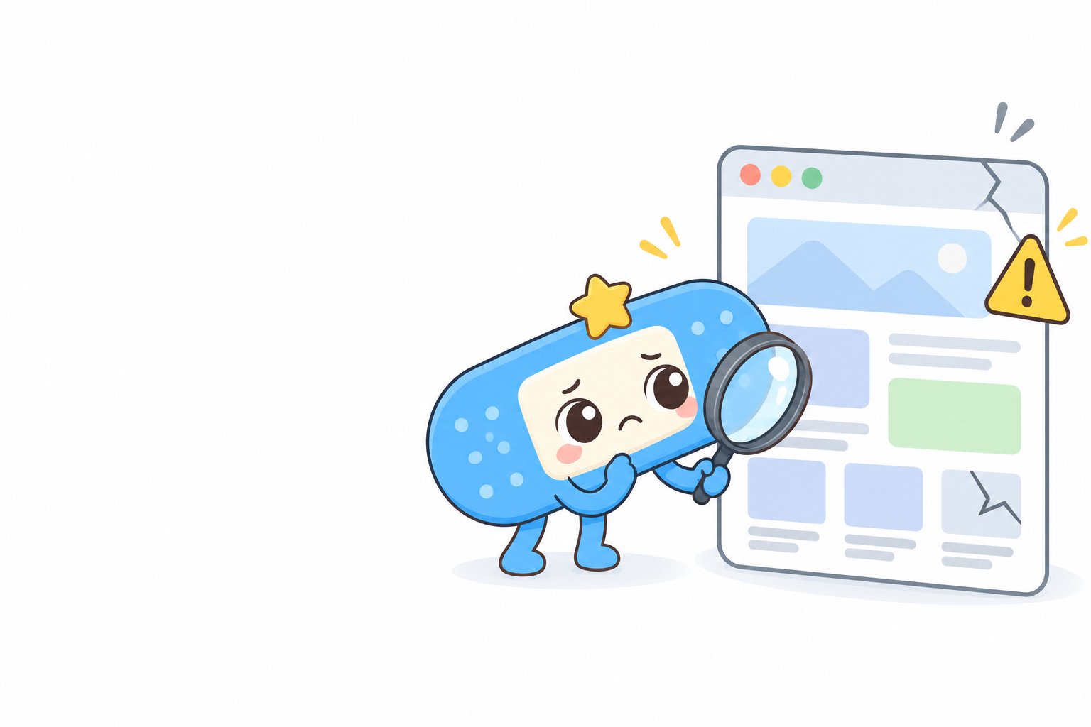 パッチリー君が虫めがねでホームページをチェックしているイラスト