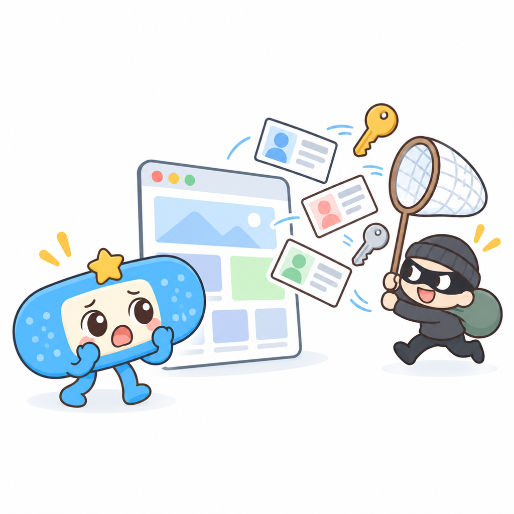 ホームページから個人情報が盗まれそうになり、パッチリー君が驚いているイラスト